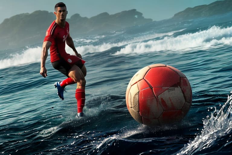 redshift style Cristiano Ronaldo playing football in ocean. hyperrealistic, full body, detailed clothing, highly detailed, cinematic lighting, stunningly beautiful, intricate, sharp focus, f/1. 8, 85mm, (centered image composition), (professionally color graded), ((bright soft diffused light)), volumetric fog, trending on instagram, trending on tumblr, HDR 4K, 8K