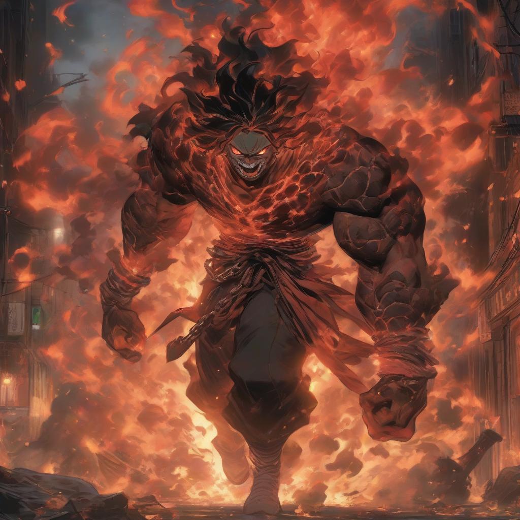  a demonic demon with chains around his neck, city on fire background, detailed anime character art, prisoner, kimetsu no yaiba, streaming on twitch, human torch, absolutely outstanding image, rising from the void, killua zoldyck portrait, the shackled, red on black, douglas smith, proto metal hyperrealistic, full body, detailed clothing, highly detailed, cinematic lighting, stunningly beautiful, intricate, sharp focus, f/1. 8, 85mm, (centered image composition), (professionally color graded), ((bright soft diffused light)), volumetric fog, trending on instagram, trending on tumblr, HDR 4K, 8K