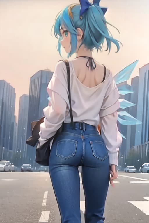  Cirno, from behind, jeans