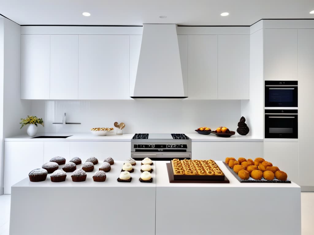  A minimalist, ultradetailed image of a pristine, gleaming white kitchen with sleek, modern countertops, an array of highend baking tools neatly arranged on the walls, and a central island showcasing a stunning display of intricate, avantgarde pastries and desserts that serve as edible works of art. The scene exudes an air of sophistication and innovation, embodying the essence of cuttingedge pastry competitions that drive creativity and excellence in the realm of baking. hyperrealistic, full body, detailed clothing, highly detailed, cinematic lighting, stunningly beautiful, intricate, sharp focus, f/1. 8, 85mm, (centered image composition), (professionally color graded), ((bright soft diffused light)), volumetric fog, trending on instagram, trending on tumblr, HDR 4K, 8K