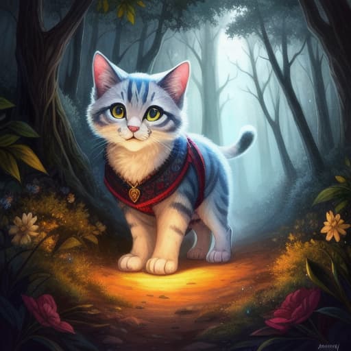  watercolor, storybook, child-book, A cute anthropomorphic cat joyfully finding the lost toy, a colorful ball, in a clearing of the dark forest, the moonlight illuminating the scene, cute anthropomorphic cat, colorful ball, best quality, very detailed, high resolution, sharp, sharp image hyperrealistic, full body, detailed clothing, highly detailed, cinematic lighting, stunningly beautiful, intricate, sharp focus, f/1. 8, 85mm, (centered image composition), (professionally color graded), ((bright soft diffused light)), volumetric fog, trending on instagram, trending on tumblr, HDR 4K, 8K