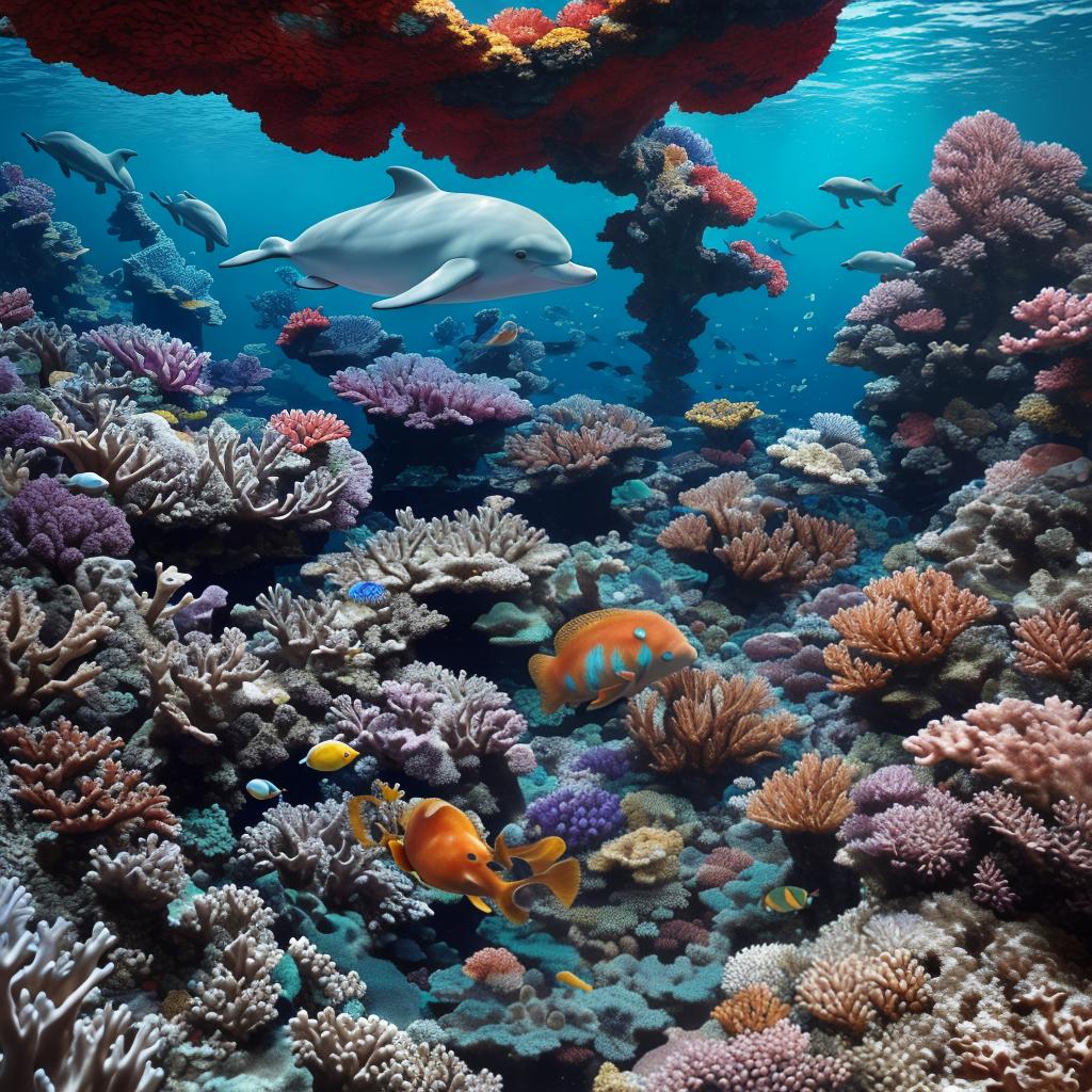  masterpiece, best quality, Most Beautiful in deep sea teeming with vibrant corals, diverse marine life, and enchanting underwater landscapes, full of corals, acrophore, small fishes, anemones, dolphin, various algaes, caves, colorful,all captured in stunning 8k resolution with intricate details.