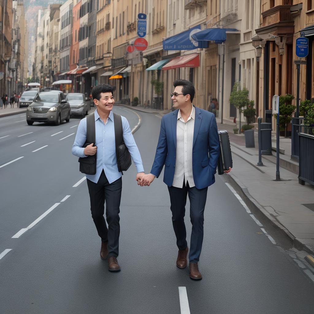  Masterpiece, best quality, father and son carrying luggage walking on the road