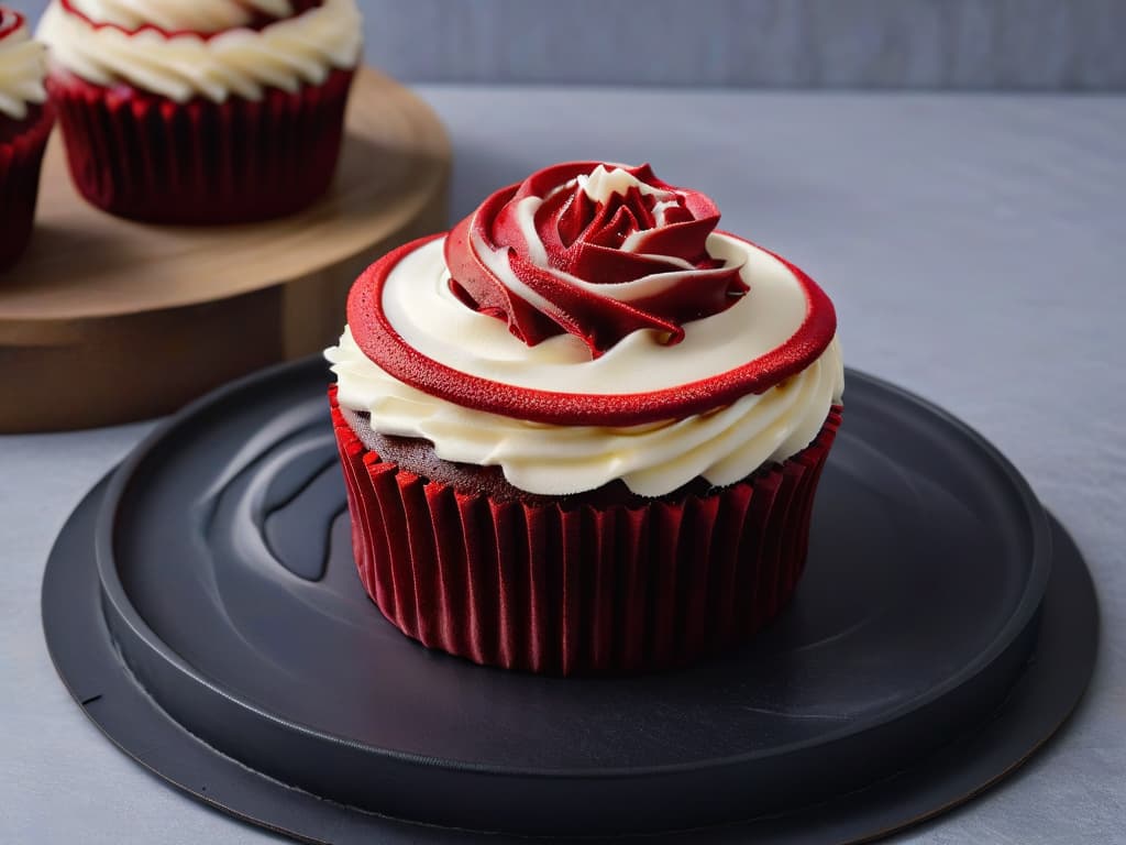  A closeup, ultradetailed image of a vibrant red velvet cupcake with intricate white swirls of cream cheese frosting on top, set against a sleek, modern black plate. The cupcake is delicately garnished with a single fresh raspberry on top, showcasing the rich color and texture achieved with the use of natural food dyes in baking. hyperrealistic, full body, detailed clothing, highly detailed, cinematic lighting, stunningly beautiful, intricate, sharp focus, f/1. 8, 85mm, (centered image composition), (professionally color graded), ((bright soft diffused light)), volumetric fog, trending on instagram, trending on tumblr, HDR 4K, 8K