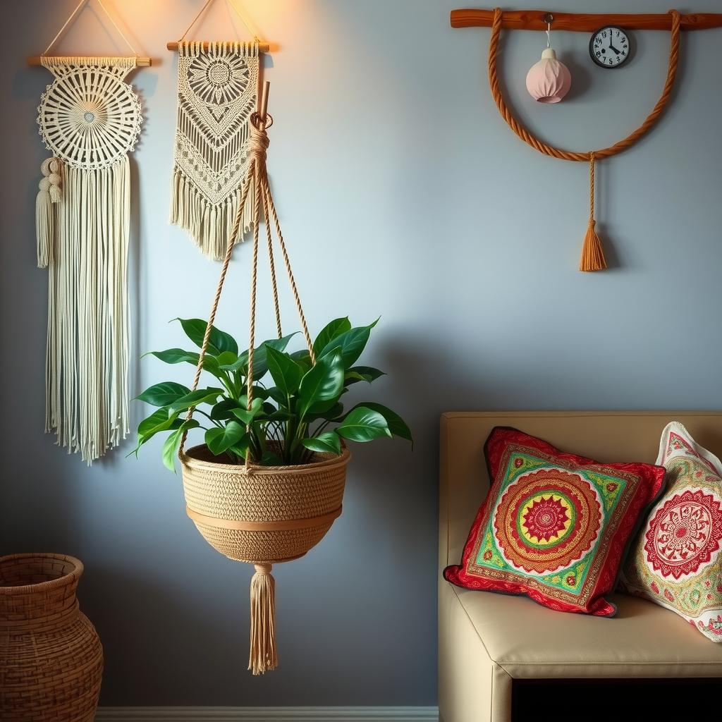  cozy boho living room featuring macramé wall hangings, a woven macramé plant hanger, and handcrafted pillows with intricate patterns. soft lighting, natural materials like rattan and wood, and a warm color palette create an inviting atmosphere that showcases the beauty of handmade touches.,