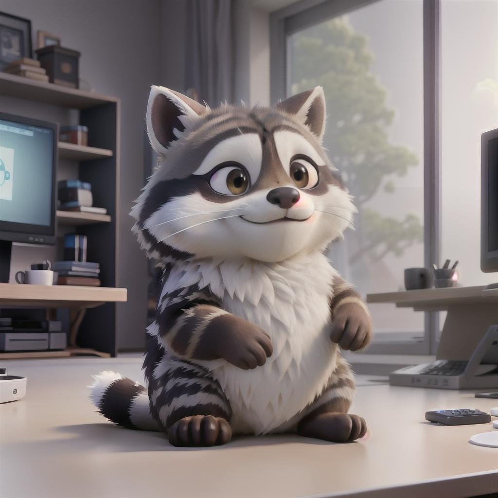  raccoon sitting in gaming chair front a computer on desktop, ((semi anthropomorphic)),(full body), tail, belly, sitting, fat, (chubby), (((white background))), solo, desktop, gaming chair, side view,  [[[clothes]]] hyperrealistic, full body, detailed clothing, highly detailed, cinematic lighting, stunningly beautiful, intricate, sharp focus, f/1. 8, 85mm, (centered image composition), (professionally color graded), ((bright soft diffused light)), volumetric fog, trending on instagram, trending on tumblr, HDR 4K, 8K