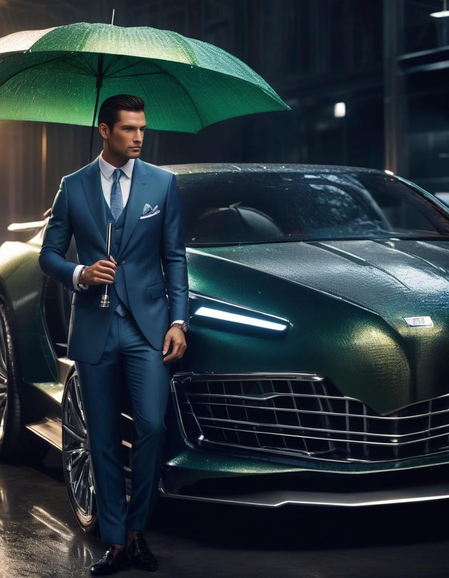  photorealism, a man in an expensive suit with a sparkle, a crocodile skin umbrella next to a futuristic car hyperrealistic, full body, detailed clothing, highly detailed, cinematic lighting, stunningly beautiful, intricate, sharp focus, f/1. 8, 85mm, (centered image composition), (professionally color graded), ((bright soft diffused light)), volumetric fog, trending on instagram, trending on tumblr, HDR 4K, 8K