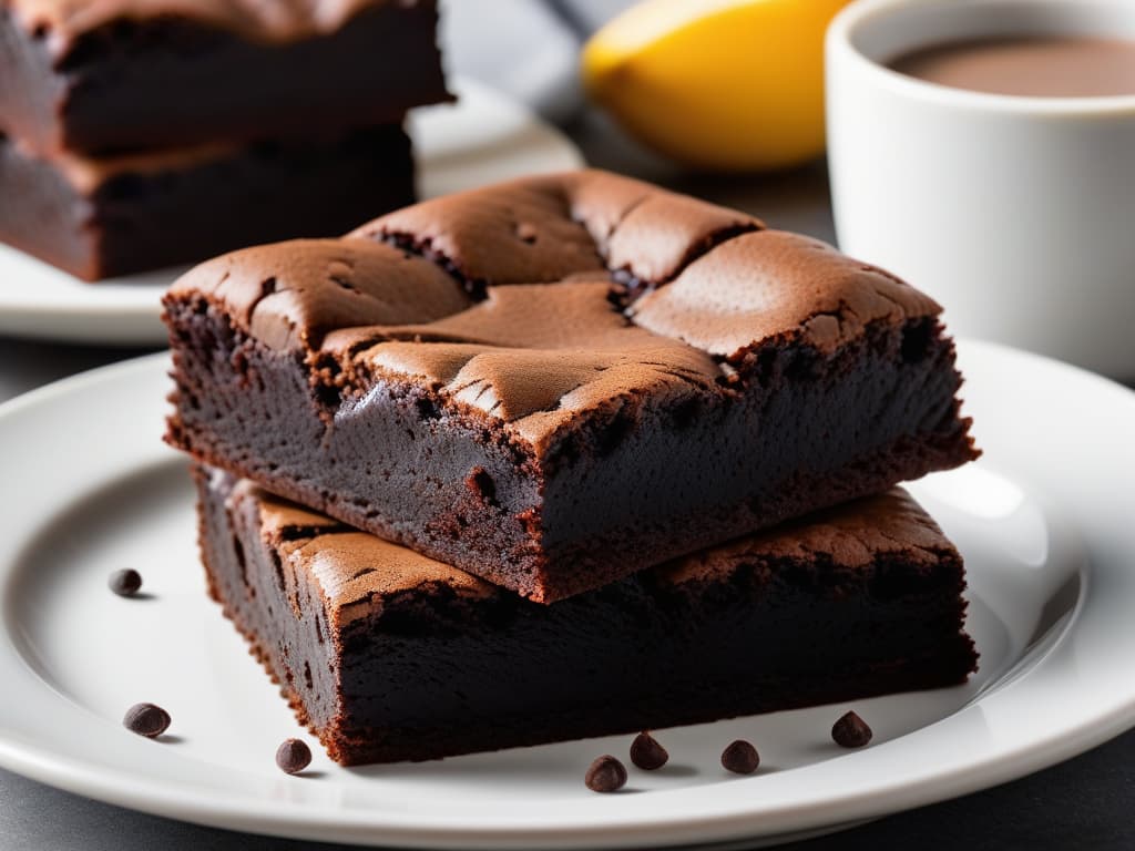  A closeup, ultradetailed image of a freshly baked vegan brownie with a shiny, crinkly top, showcasing a perfect balance between a moist, fudgy interior and a crispy, slightly cracked exterior. The brownie is placed on a simple, elegant white plate, with a few scattered cocoa nibs on the side, highlighting its rich, chocolatey flavor. The lighting is soft and natural, casting gentle shadows that enhance the textures of the brownie, making it appear both indulgent and wholesome. hyperrealistic, full body, detailed clothing, highly detailed, cinematic lighting, stunningly beautiful, intricate, sharp focus, f/1. 8, 85mm, (centered image composition), (professionally color graded), ((bright soft diffused light)), volumetric fog, trending on instagram, trending on tumblr, HDR 4K, 8K