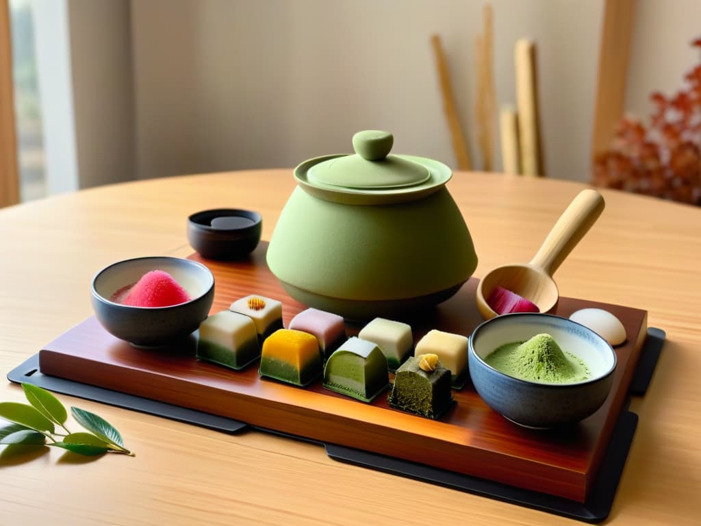  A photorealistic image of a traditional Japanese tea ceremony, showcasing a beautifully arranged set of matcha tea utensils including a tea bowl, bamboo whisk, tea scoop, and a plate of freshly made colorful mochi sweets in various shapes and flavors. The scene captures the intricate details of the delicate mochi treats, the vibrant green matcha tea, and the serene ambiance of the tea ceremony setting, complete with traditional tatami mats and bamboo accents. hyperrealistic, full body, detailed clothing, highly detailed, cinematic lighting, stunningly beautiful, intricate, sharp focus, f/1. 8, 85mm, (centered image composition), (professionally color graded), ((bright soft diffused light)), volumetric fog, trending on instagram, trending on tumblr, HDR 4K, 8K