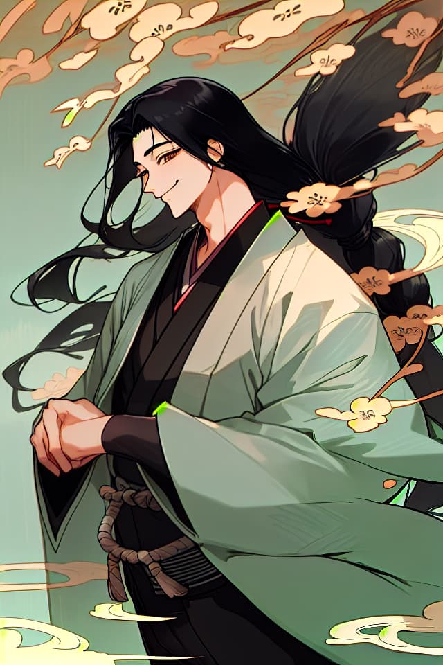  Suit, male, haori, Japanese style, black hair, hanging, long hair, eyelashes, smiles, fine