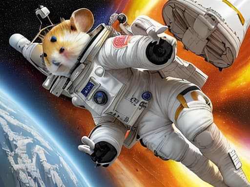  masterpiece, best quality,A hyper-realistic, spacesuit-wearing yellow hamster is playing with an AK-47 in front of a massive space station.,,Anime,comic style,lovely,dynamic,colorful,exaggerated design,clear lines,emphasize eye contact,fantasy world, masterpiece:1.2, best quality:1.2,8k