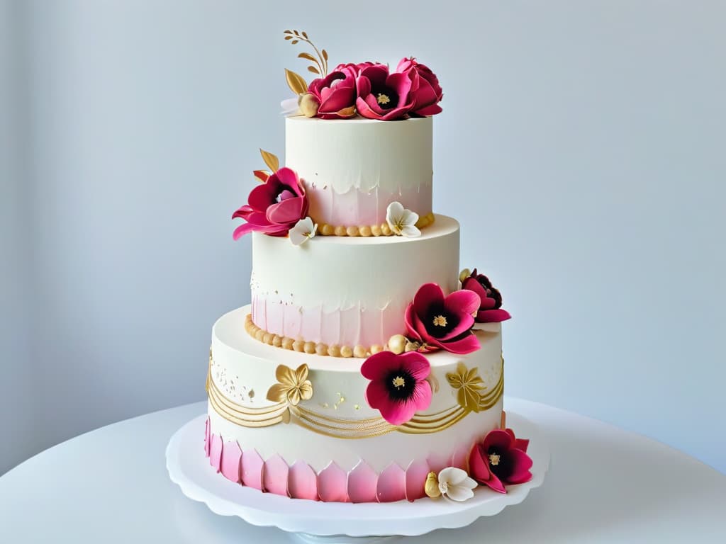  An intricately designed wedding cake featuring cascading sugar flowers in vibrant shades of pink, purple, and gold. The cake is adorned with delicate edible lace details and shimmering gold accents, set against a soft focus background to highlight the exquisite craftsmanship. Each flower petal and leaf is meticulously sculpted, creating a stunning visual centerpiece that is both elegant and luxurious. hyperrealistic, full body, detailed clothing, highly detailed, cinematic lighting, stunningly beautiful, intricate, sharp focus, f/1. 8, 85mm, (centered image composition), (professionally color graded), ((bright soft diffused light)), volumetric fog, trending on instagram, trending on tumblr, HDR 4K, 8K