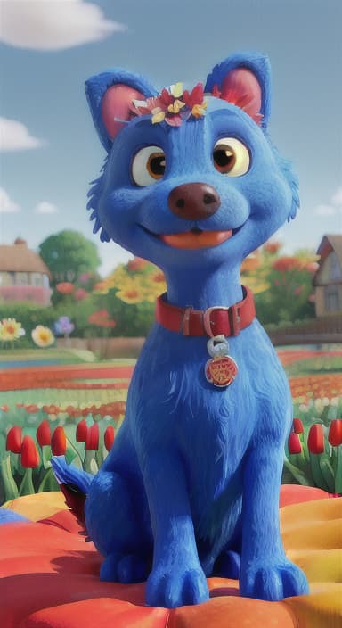  {The red ball nestled in a bed of colorful flowers like daisies and tulips, The big blue dog is large with sky blue fur, big round eyes, a black nose, and floppy ears.