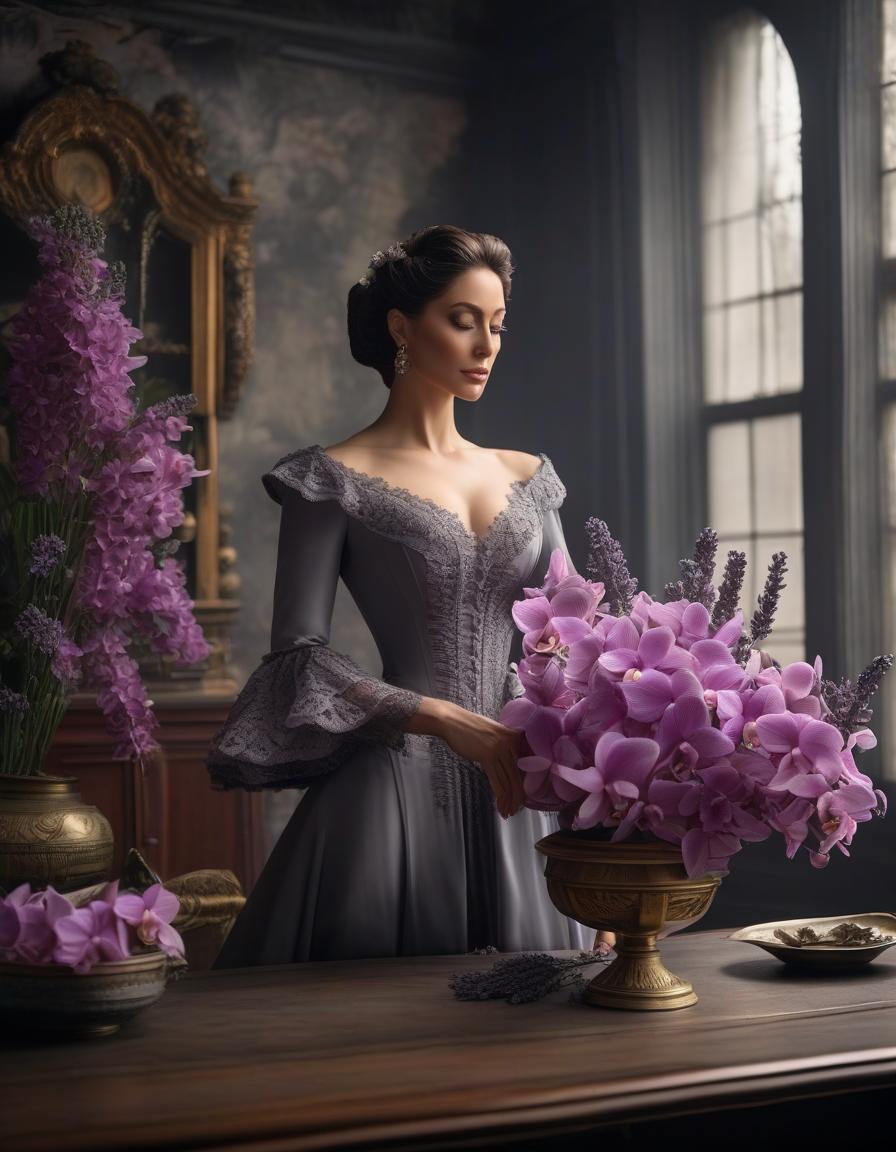  Victorian beauty in mourning in a gray dress with a bouquet of lavender orchids from the 1870s. Pink orchid bouquet on the table. hyperrealistic, full body, detailed clothing, highly detailed, cinematic lighting, stunningly beautiful, intricate, sharp focus, f/1. 8, 85mm, (centered image composition), (professionally color graded), ((bright soft diffused light)), volumetric fog, trending on instagram, trending on tumblr, HDR 4K, 8K