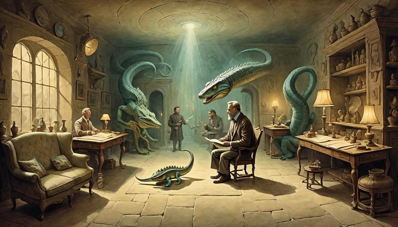  on parchment, surrealism+++, Ordinary living space filled with everyday objects, hint of ethereal glow around interacting human and reptilian figures, dialogue depicted as light trails, sense of sacred and mundane blending, transformative, serene(mysterious, provocative, symbolic,muted color)+++