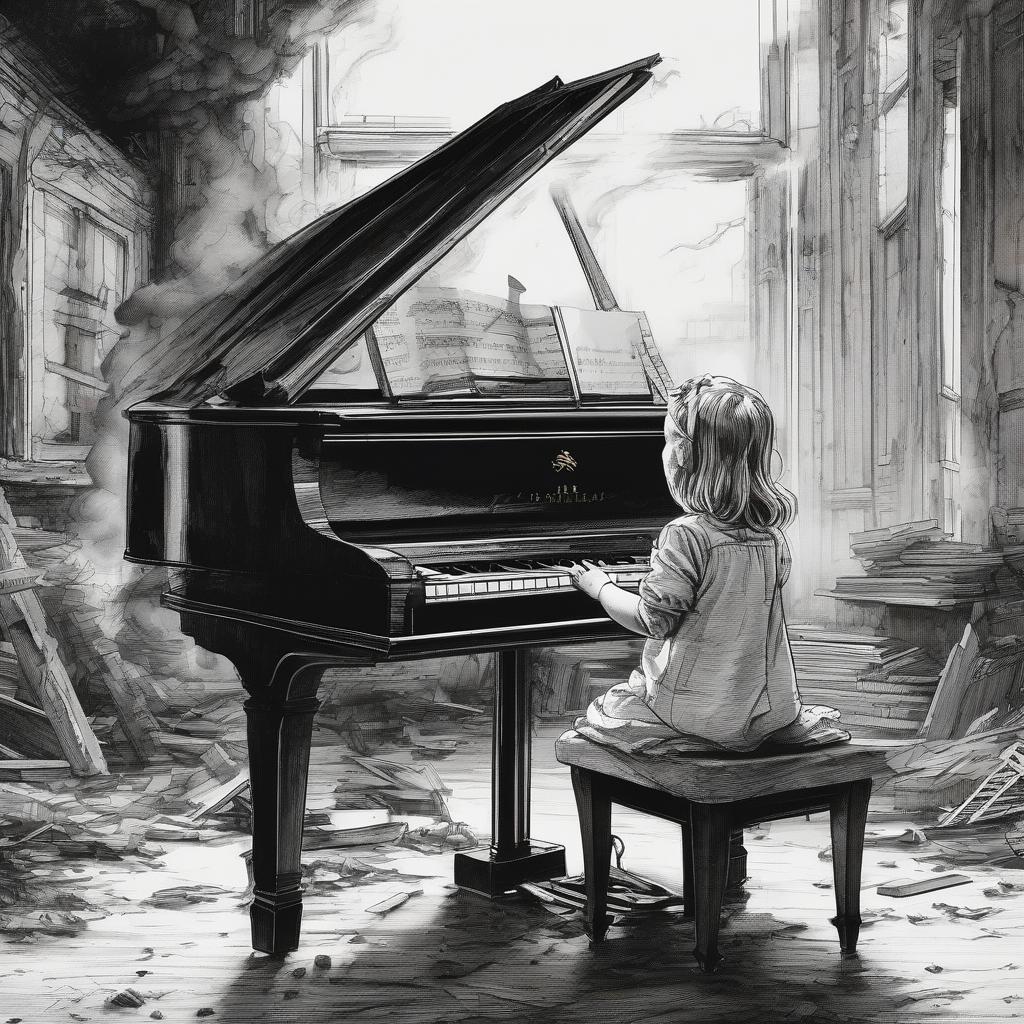  line art drawing ink painting. A little girl is playing the piano in a ruined house. a lot of smoke. . professional, sleek, modern, minimalist, graphic, line art, vector graphics hyperrealistic, full body, detailed clothing, highly detailed, cinematic lighting, stunningly beautiful, intricate, sharp focus, f/1. 8, 85mm, (centered image composition), (professionally color graded), ((bright soft diffused light)), volumetric fog, trending on instagram, trending on tumblr, HDR 4K, 8K