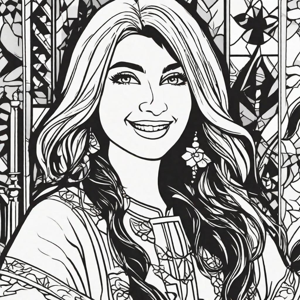  in a coloring book style, A girl with opened hair, a giving a cheerful smile with beautiful eyes and face expression.