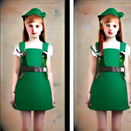  Girl, young, Bob Ginger hair, Elf ears, frekless, Heart shape Lips, green eyes, overall steampunk dress.