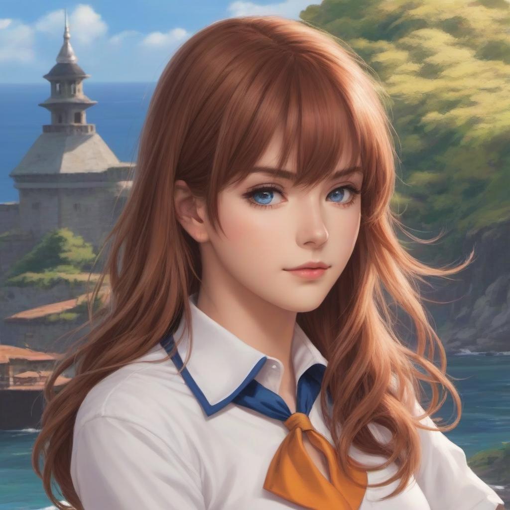  1, solo,asuka langley soryu, long hair, bangs, blue eyes, brown hair, hair ornament, hair_between_eyes, uniform, blue mini , white sailor shirt, holding , lift (masterpiece:1.2), (best quality), (very aesthetic), (absurdres), (detailed background),, intricate