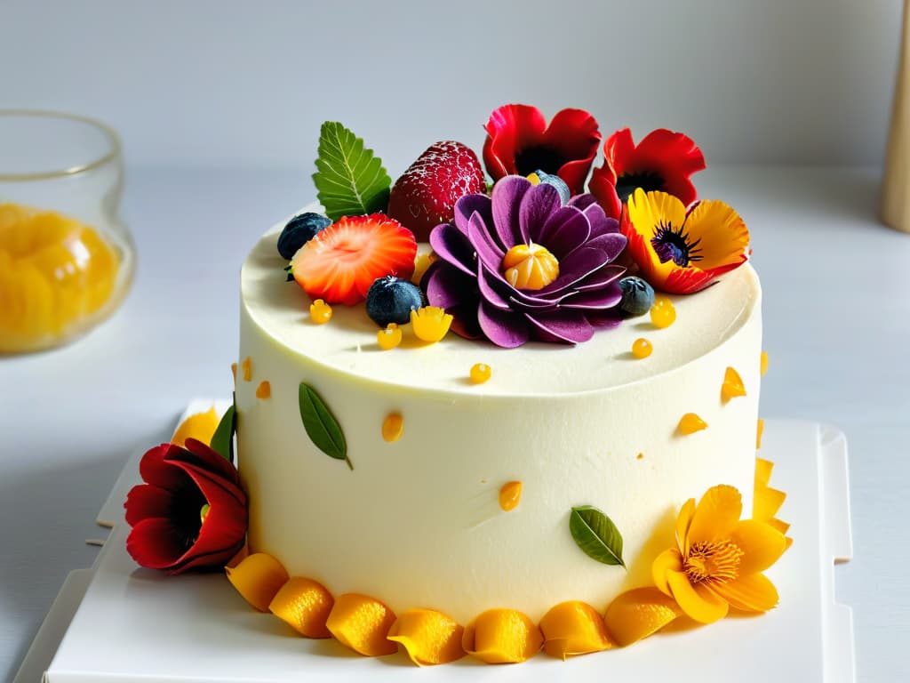  An intricately decorated vegan cake masterpiece, adorned with vibrant edible flowers and luscious fruit toppings, set against a sleek, modern backdrop of a minimalist kitchen counter. The cake exudes elegance and creativity, showcasing the artistry and innovation of vegan baking in a visually stunning and appetizing manner. hyperrealistic, full body, detailed clothing, highly detailed, cinematic lighting, stunningly beautiful, intricate, sharp focus, f/1. 8, 85mm, (centered image composition), (professionally color graded), ((bright soft diffused light)), volumetric fog, trending on instagram, trending on tumblr, HDR 4K, 8K