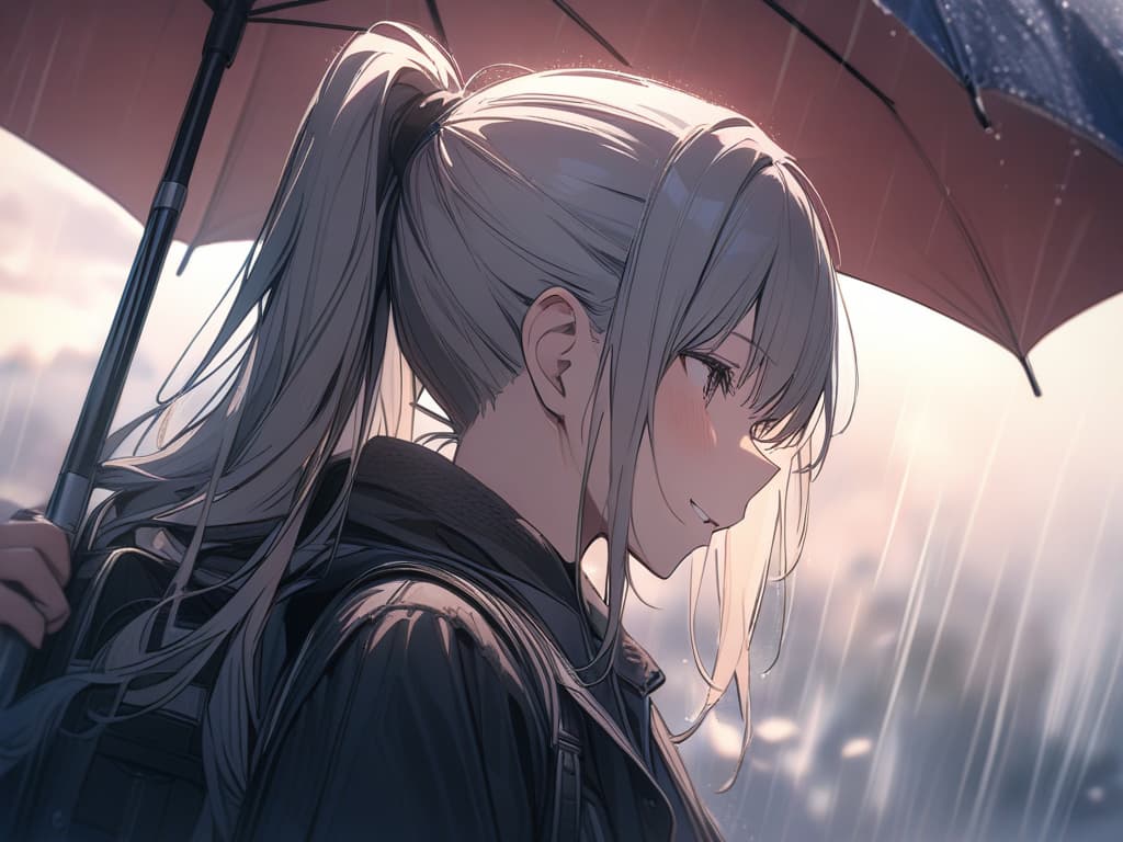  Rain, umbrella, camera look, laughing, ponytail, masterpiece, best quality,8k,ultra detailed,high resolution,an extremely delicate and beautiful,hyper detail