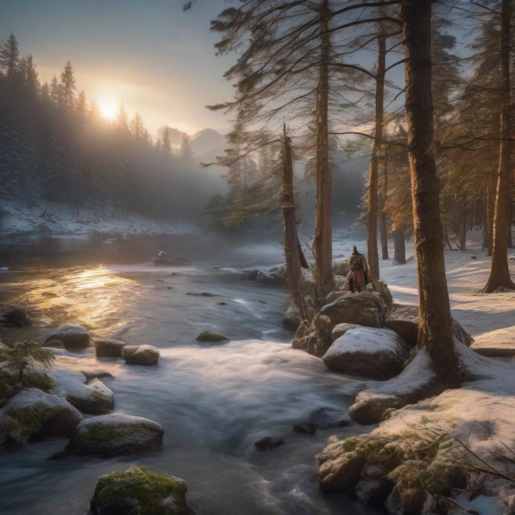  Winter, coniferous forest, dawn, a river pierces through, nearby are stones, but a sword is stuck in one, and a knight with an arrow wound lies next to it. hyperrealistic, full body, detailed clothing, highly detailed, cinematic lighting, stunningly beautiful, intricate, sharp focus, f/1. 8, 85mm, (centered image composition), (professionally color graded), ((bright soft diffused light)), volumetric fog, trending on instagram, trending on tumblr, HDR 4K, 8K