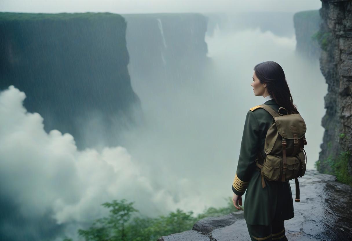  cinematic photo A fragile girl of short stature, wearing a confining military uniform, her long hair plaited in a loose white braid down to her waist, stands with her back facing, a backpack on her back, walking along a thin ledge above a chasm, around her the sky is filled with rain and thunder. . 35mm photograph, film, bokeh, professional, 4k, highly detailed hyperrealistic, full body, detailed clothing, highly detailed, cinematic lighting, stunningly beautiful, intricate, sharp focus, f/1. 8, 85mm, (centered image composition), (professionally color graded), ((bright soft diffused light)), volumetric fog, trending on instagram, trending on tumblr, HDR 4K, 8K