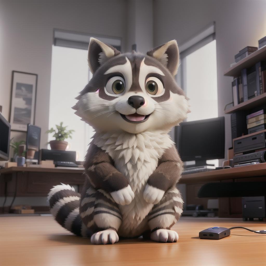  raccoon sitting in gaming chair front a computer on desktop, ((semi anthropomorphic)),(full body), tail, belly, sitting, fat, (chubby), (((white background))), solo, desktop, gaming chair, side view,  [[[clothes]]] hyperrealistic, full body, detailed clothing, highly detailed, cinematic lighting, stunningly beautiful, intricate, sharp focus, f/1. 8, 85mm, (centered image composition), (professionally color graded), ((bright soft diffused light)), volumetric fog, trending on instagram, trending on tumblr, HDR 4K, 8K