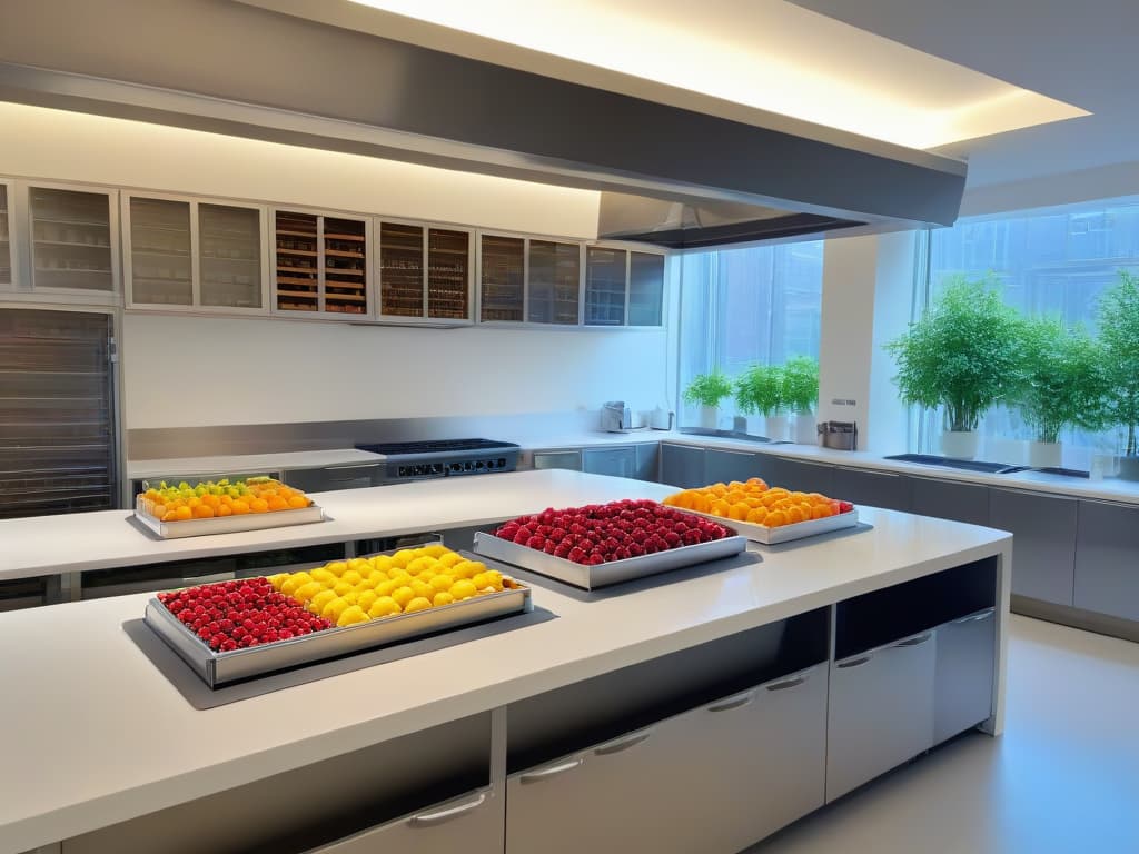  An ultradetailed image of a pristine, white commercial kitchen featuring sleek stainless steel appliances, immaculate countertops, and organized shelves filled with colorful, fresh ingredients like ripe berries, vibrant citrus fruits, and fragrant herbs. The sunlight streams through large windows, casting a warm glow over the spotless space, creating a serene and inviting atmosphere. The focus is on the intricate details of the kitchen design, highlighting the cleanliness, orderliness, and modern aesthetic of the sustainable baking environment. hyperrealistic, full body, detailed clothing, highly detailed, cinematic lighting, stunningly beautiful, intricate, sharp focus, f/1. 8, 85mm, (centered image composition), (professionally color graded), ((bright soft diffused light)), volumetric fog, trending on instagram, trending on tumblr, HDR 4K, 8K