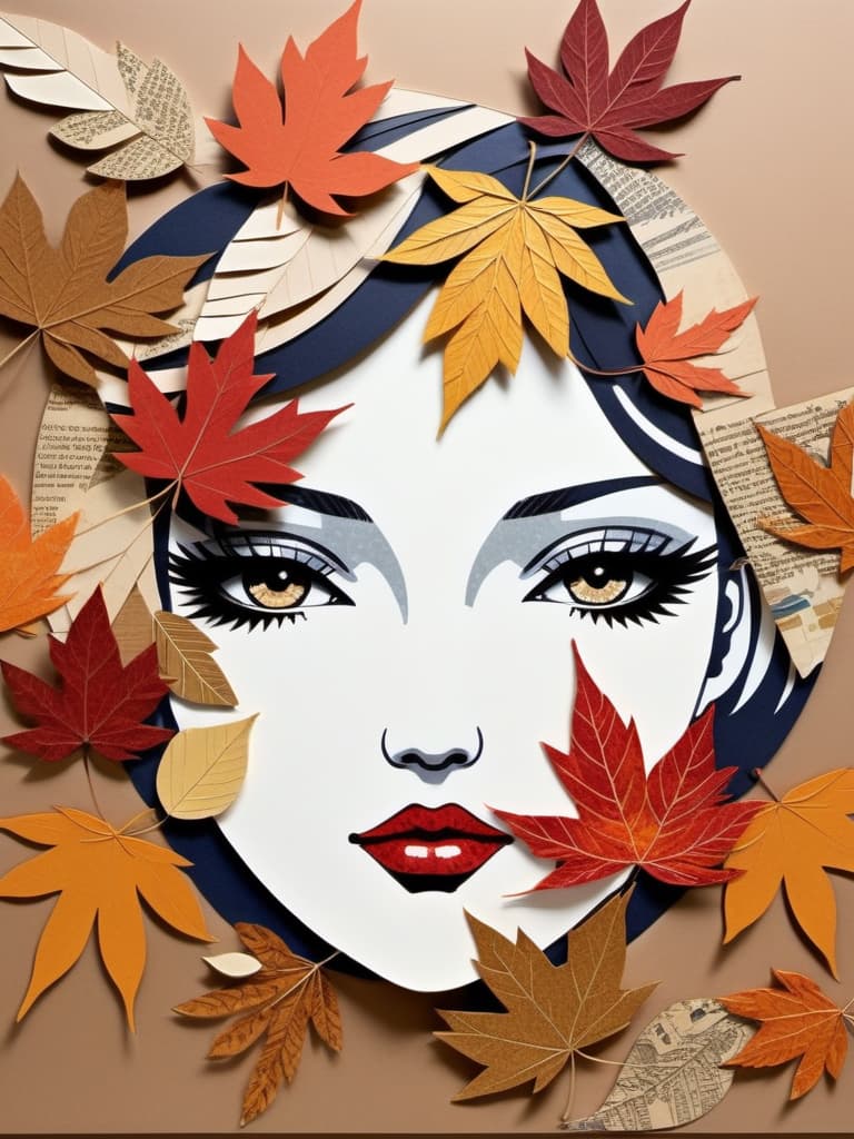  collage style autumn leaves folded in the shape of a woman's face, style of Junko Mizuno . mixed media, layered, textural, detailed, artistic