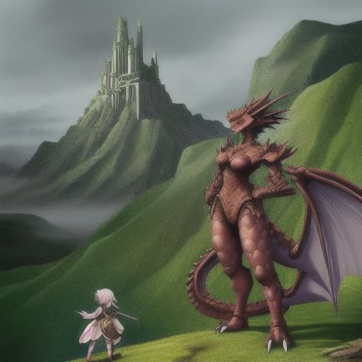  Big dragons on a hill and fantasy with a small girl standing