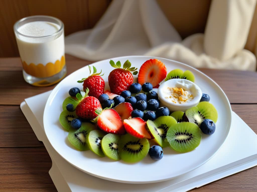  A photorealistic image of a beautifully arranged breakfast plate for diabetics, featuring a colorful array of sliced fruits such as strawberries, blueberries, and kiwi, alongside a small bowl of sugarfree yogurt topped with granola and a drizzle of honey. The plate is garnished with fresh mint leaves, and a steaming cup of black coffee sits beside it, creating a visually appealing and appetizing scene. The natural light coming in from a nearby window casts soft shadows, enhancing the overall realism of the composition. hyperrealistic, full body, detailed clothing, highly detailed, cinematic lighting, stunningly beautiful, intricate, sharp focus, f/1. 8, 85mm, (centered image composition), (professionally color graded), ((bright soft diffused light)), volumetric fog, trending on instagram, trending on tumblr, HDR 4K, 8K