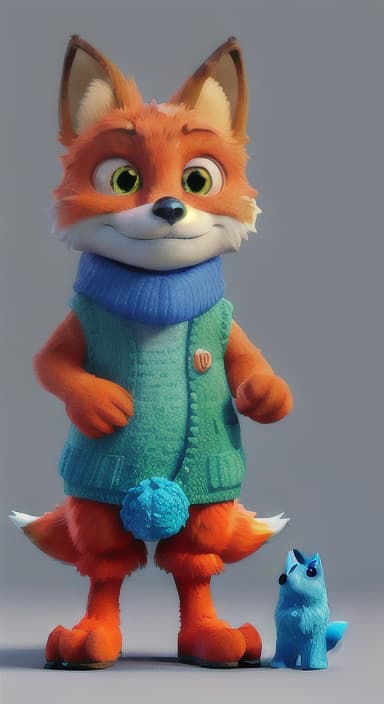  {Error the fox pressing the blue button with his paw, looking puzzled as nothing occurs., Error is a small, bright orange fox with a fluffy tail and big, inquisitive eyes. He has a mischievous yet kind expression and wears a tiny green scarf.