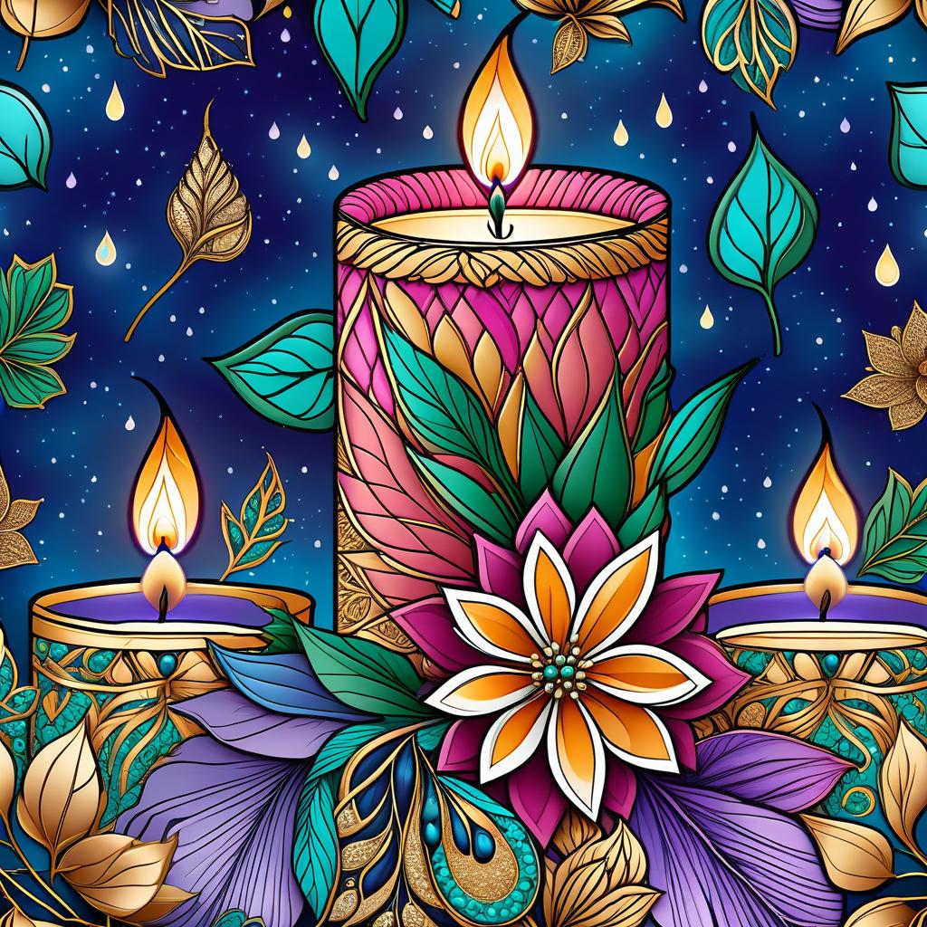  zentangle (Background):Dark blue night sky. In the sky turquoise golden stars and emerald fireworks. There are three candles on the background of the night sky. In the centre one is tall, on the sides wide and lower. (First candle decor)::pink framed with gold patterns and swirls of drops. In the middle of the candle is a flower bud and stem with emerald coloured leaves. Under the flower the candle is tied with a ribbon of blue blue colour. (Second and third candle decor):purple colour, framed with golden drops. In the middle is a purple coloured flower bud and stems with emerald coloured leaves. Zentangle have the signature uneven edge and rounded corners. The original tiles are in the form of geometric shapes: square, triangle, rectangle  hyperrealistic, full body, detailed clothing, highly detailed, cinematic lighting, stunningly beautiful, intricate, sharp focus, f/1. 8, 85mm, (centered image composition), (professionally color graded), ((bright soft diffused light)), volumetric fog, trending on instagram, trending on tumblr, HDR 4K, 8K