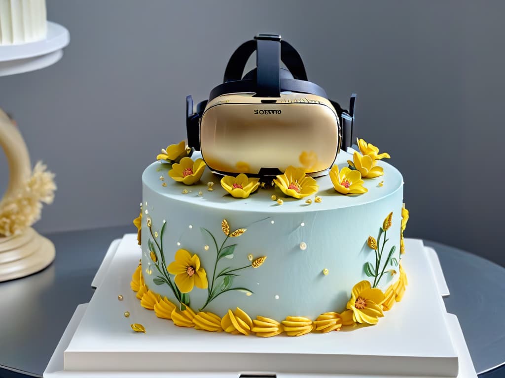  An ultradetailed image of a virtual reality headset hovering above a beautifully decorated cake, showcasing intricate details like individual sugar flowers, delicate piping work, and shimmering edible gold leaf accents. The headset reflects a serene digital kitchen environment, with virtual ingredients floating around, blending the boundaries between the real and virtual world in a visually striking and sophisticated manner. hyperrealistic, full body, detailed clothing, highly detailed, cinematic lighting, stunningly beautiful, intricate, sharp focus, f/1. 8, 85mm, (centered image composition), (professionally color graded), ((bright soft diffused light)), volumetric fog, trending on instagram, trending on tumblr, HDR 4K, 8K