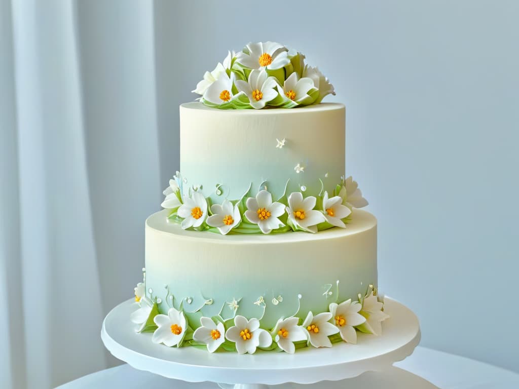  A closeup, ultradetailed image of a perfectly piped and intricately designed wedding cake, showcasing delicate sugar flowers, intricate lace piping, and shimmering metallic accents. The cake is elegantly displayed on a sleek, minimalist white pedestal against a soft, blurred background, highlighting the meticulous craftsmanship and artistry of the confection. hyperrealistic, full body, detailed clothing, highly detailed, cinematic lighting, stunningly beautiful, intricate, sharp focus, f/1. 8, 85mm, (centered image composition), (professionally color graded), ((bright soft diffused light)), volumetric fog, trending on instagram, trending on tumblr, HDR 4K, 8K