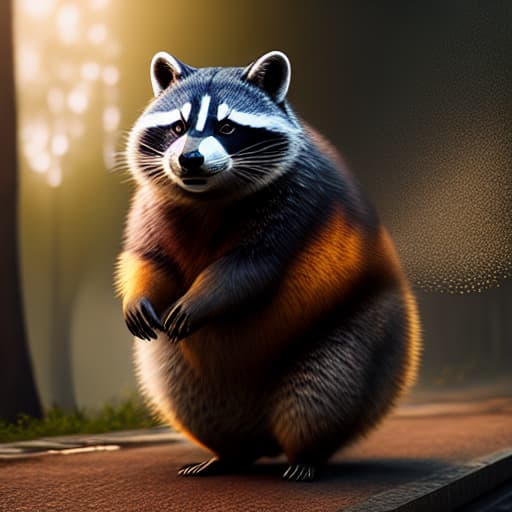  fat raccoon hyperrealistic, full body, detailed clothing, highly detailed, cinematic lighting, stunningly beautiful, intricate, sharp focus, f/1. 8, 85mm, (centered image composition), (professionally color graded), ((bright soft diffused light)), volumetric fog, trending on instagram, trending on tumblr, HDR 4K, 8K