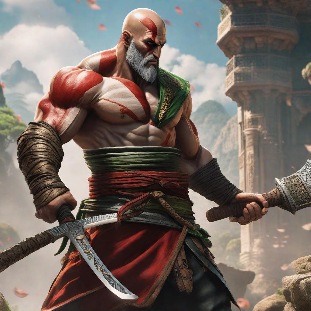  kratos peleando con zoro, anime concept art by Hayao Miyazaki, featured on pixiv, fantasy art, concept art, official art, high detailed hyperrealistic, full body, detailed clothing, highly detailed, cinematic lighting, stunningly beautiful, intricate, sharp focus, f/1. 8, 85mm, (centered image composition), (professionally color graded), ((bright soft diffused light)), volumetric fog, trending on instagram, trending on tumblr, HDR 4K, 8K