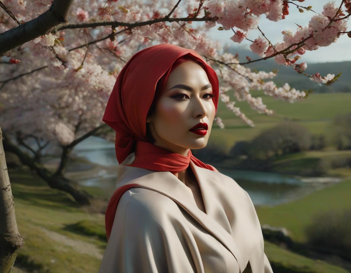  surrealist art A digital art portrait of a woman with a red headscarf, cherry blossoms in her hair, and serene landscape in the background. . dreamlike, mysterious, provocative, symbolic, intricate, detailed hyperrealistic, full body, detailed clothing, highly detailed, cinematic lighting, stunningly beautiful, intricate, sharp focus, f/1. 8, 85mm, (centered image composition), (professionally color graded), ((bright soft diffused light)), volumetric fog, trending on instagram, trending on tumblr, HDR 4K, 8K