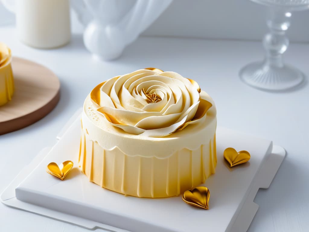  A minimalist image depicting a sleek, modern kitchen with a pristine marble countertop adorned with a single, elegantly crafted dessert. The dessert, a delicate roseshaped pastry, showcases intricate layers of flaky pastry and velvety cream, dusted with a sprinkle of edible gold flakes. Soft natural light filters through a nearby window, casting a gentle glow on the dessert and highlighting its meticulous details. The overall aesthetic is clean, sophisticated, and visually striking, capturing the essence of innovation in pastry artistry. hyperrealistic, full body, detailed clothing, highly detailed, cinematic lighting, stunningly beautiful, intricate, sharp focus, f/1. 8, 85mm, (centered image composition), (professionally color graded), ((bright soft diffused light)), volumetric fog, trending on instagram, trending on tumblr, HDR 4K, 8K