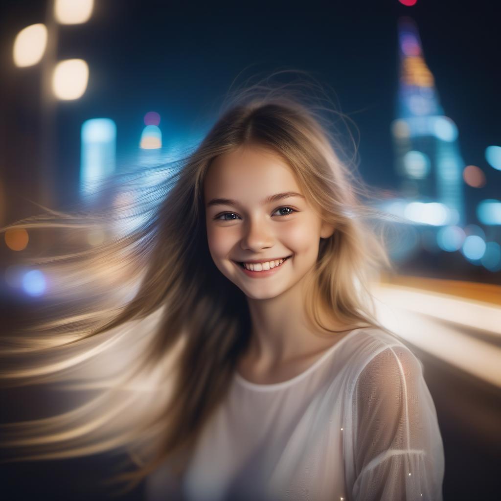  long exposure photo of portrait of a cute smiling girl against the background of a night city , wind, superrealism . Blurred motion, streaks of light, surreal, dreamy, ghosting effect, highly detailed