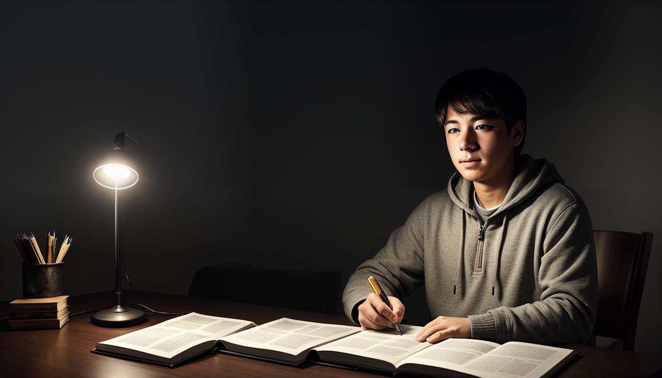  digital illustration, Alex with a determined expression, holding a birdwatching guidebook, sitting at a desk with notes, evening setting, lamp light, sense of realization, looking at viewer, dynamic pose, (intricate details, masterpiece, best quality)