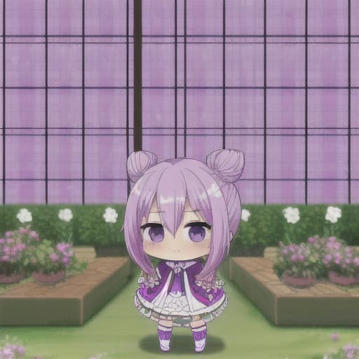  purple. twin bun hair. hair armament. hair between eyes. hair bun. jewelry. indoors. garden. lattice 8k. oshare kei. girl. cute. kawaii. background cute cosmetics. blurred blush painting. full body