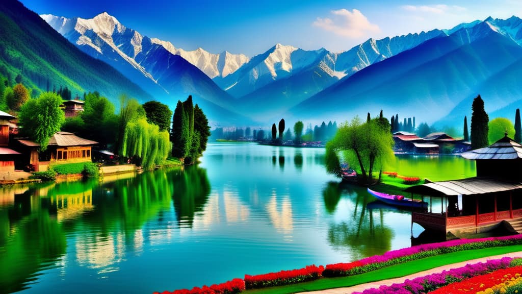  A mesmerizing view of Kashmir exhibiting its awe-inspiring landscapes, serene lakes, and colourful gardens, with traces of socio-political complexity.  , ((realistic)), ((masterpiece)), focus on detailed clothing and atmosphere of the surroundings. Soft and natural lights.