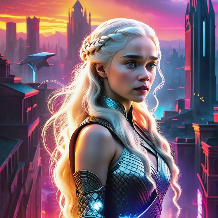  In this visually stunning image, we see Danerys Targaryen, the iconic character from the fantasy series "Game of Thrones," depicted in a futuristic and dystopian setting. Neon lights illuminate the scene, casting a vibrant glow on the detailed architecture of the cityscape behind her. Her fierce and determined expression reveals her inner strength as she stands amongst the chaos, her long flowing hair billowing in the digital wind. This highly contrasted and immersive artwork transports us to a cyberpunk world, where danger and intrigue lurk around every corner. hyperrealistic, full body, detailed clothing, highly detailed, cinematic lighting, stunningly beautiful, intricate, sharp focus, f/1. 8, 85mm, (centered image composition), (professionally color graded), ((bright soft diffused light)), volumetric fog, trending on instagram, trending on tumblr, HDR 4K, 8K