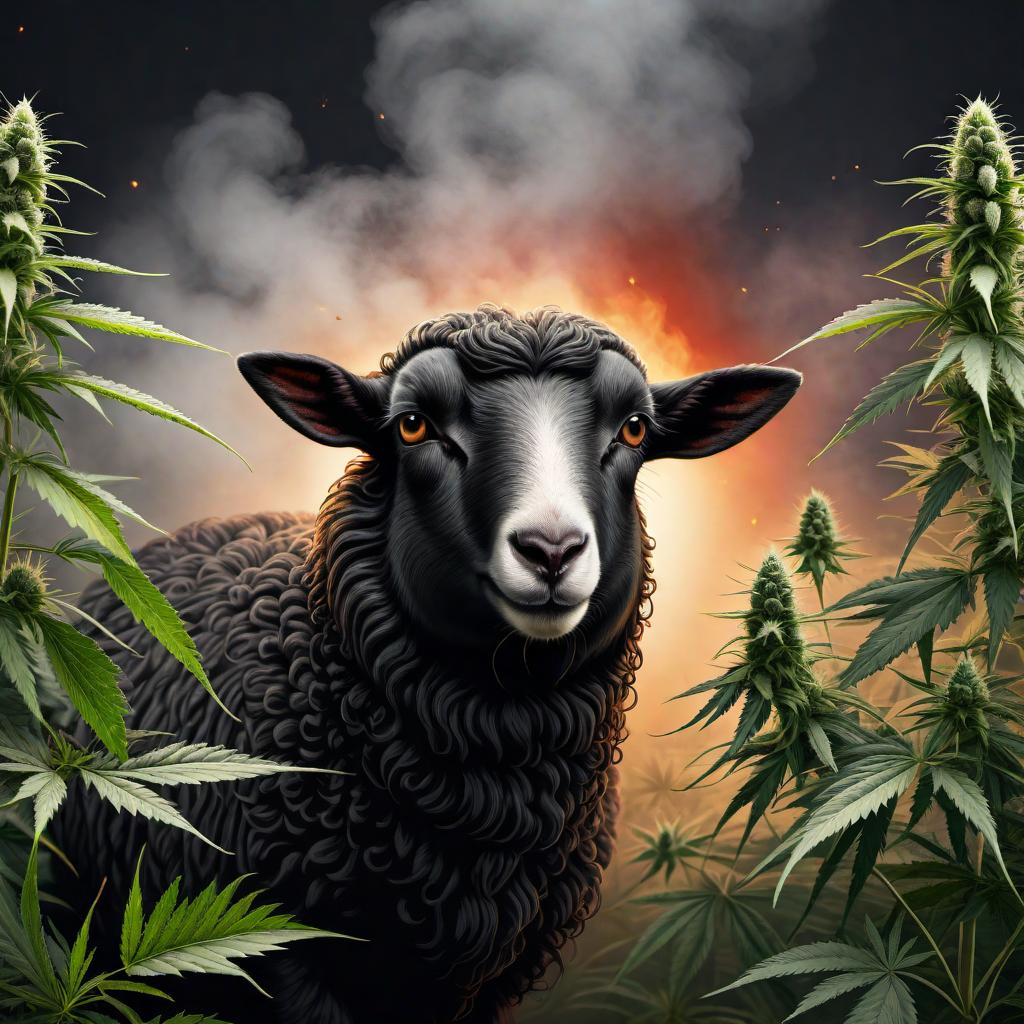  A logo for a cannabis brand called 'Black Sheep'. The design should feature a black sheep as the central element and incorporate cannabis leaves in a stylish, modern, and professional manner. The color palette should include red and gold with elements of black and fire. The style should be bold, clean, and commercial, suitable for branding and marketing purposes. hyperrealistic, full body, detailed clothing, highly detailed, cinematic lighting, stunningly beautiful, intricate, sharp focus, f/1. 8, 85mm, (centered image composition), (professionally color graded), ((bright soft diffused light)), volumetric fog, trending on instagram, trending on tumblr, HDR 4K, 8K