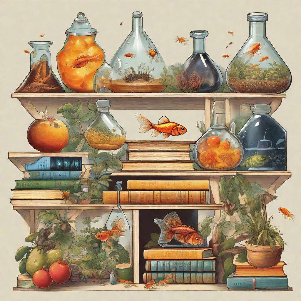  genetic laboratory for goldfish and fruit flies, with a large number of books and textbooks; fantasy; clarity; painting