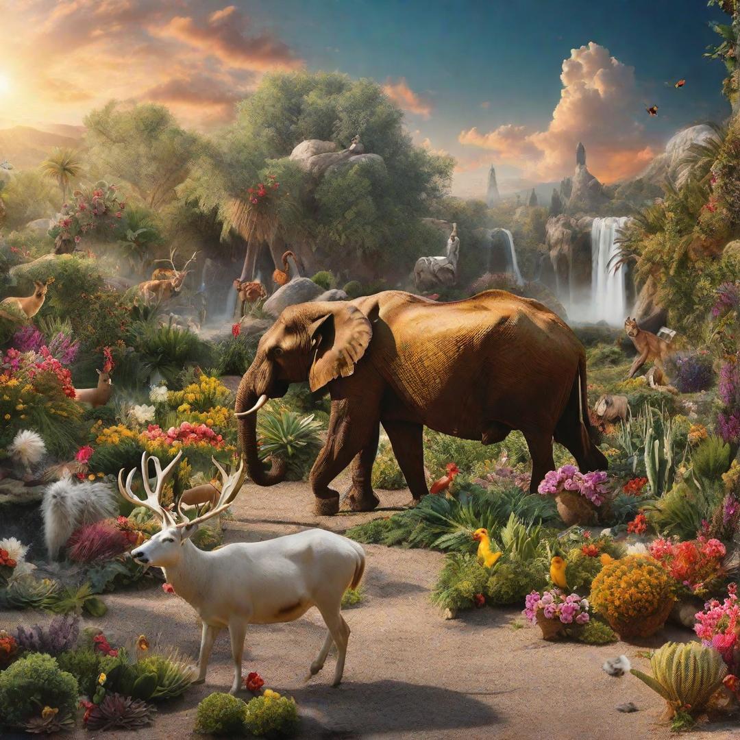  Colorful garden of Eden with all animals and creation. From the cosmos hyperrealistic, full body, detailed clothing, highly detailed, cinematic lighting, stunningly beautiful, intricate, sharp focus, f/1. 8, 85mm, (centered image composition), (professionally color graded), ((bright soft diffused light)), volumetric fog, trending on instagram, trending on tumblr, HDR 4K, 8K