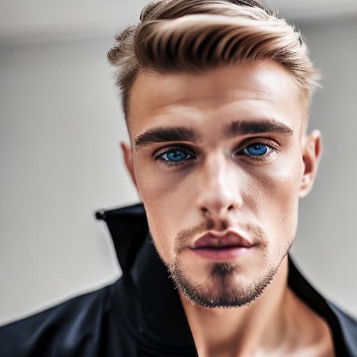 portrait+ style Russian queer fitness model blonde hunk dude face