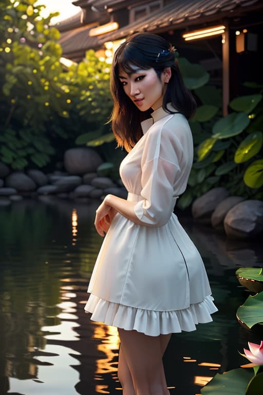  detailed and realistic portrait of a charming place asian maid , 堕马髻发髻,红色浴衣,锦鲤，multicolor mesmerizing eyes, reflective water, bare feet kicking water. soft natural lighting, portrait photography, magical photography, dramatic lighting, photo realism, ultra detailed, intimate portrait composition, lotus in background, Leica 50mm, f1. 4, multicolor mesmerizing eyes, dark fluffy dress, soft natural lighting, portrait photography, magical photography, dramatic lighting, photo realism, ultra detailed, intimate portrait composition, lotus flowers in background, Leica 50mm, f1. 4 hyperrealistic, full body, detailed clothing, highly detailed, cinematic lighting, stunningly beautiful, intricate, sharp focus, f/1. 8, 85mm, (centered image composition), (professionally color graded), ((bright soft diffused light)), volumetric fog, trending on instagram, trending on tumblr, HDR 4K, 8K